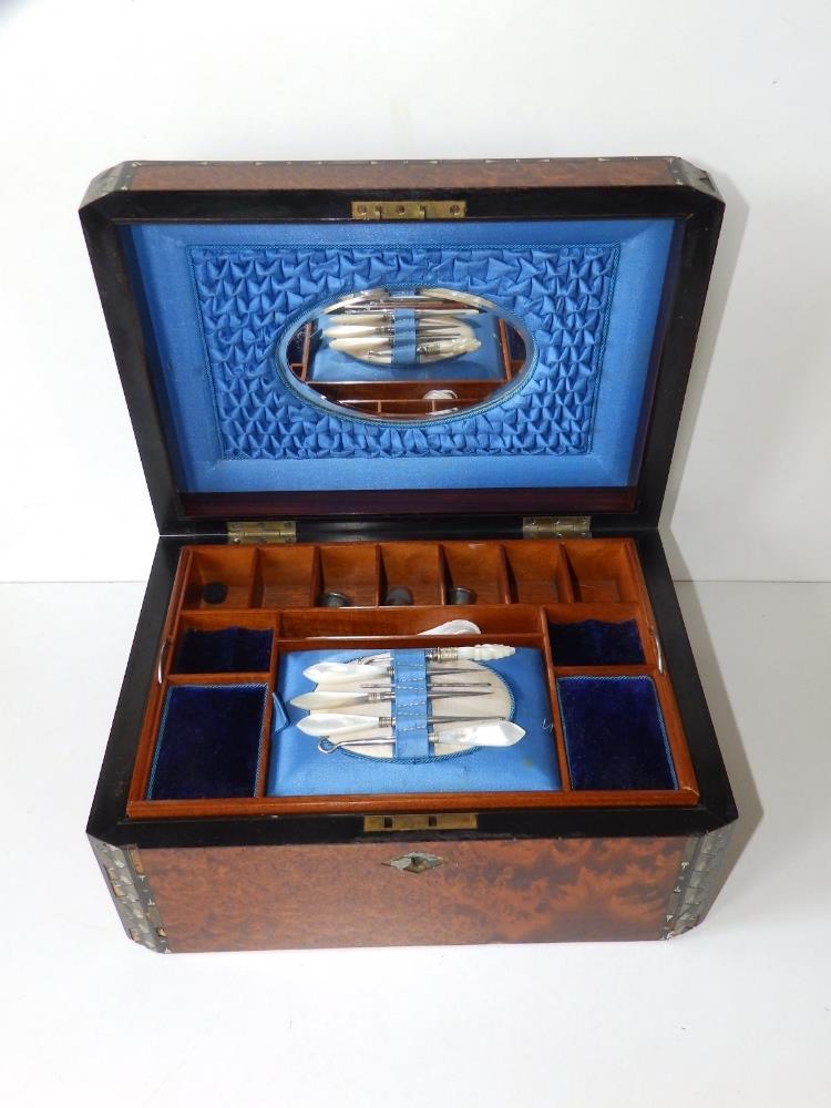 A Victorian amboyna veneered sewing box, 11.25" across. - Image 3 of 4