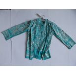 An early 20thC Chinese turquoise jacket with cream silk embroidery & matching scarf/belt,