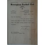 BIRMINGHAM FC ( BIRMINGHAM CITY ) OFFICIAL CLUB LETTER 1919