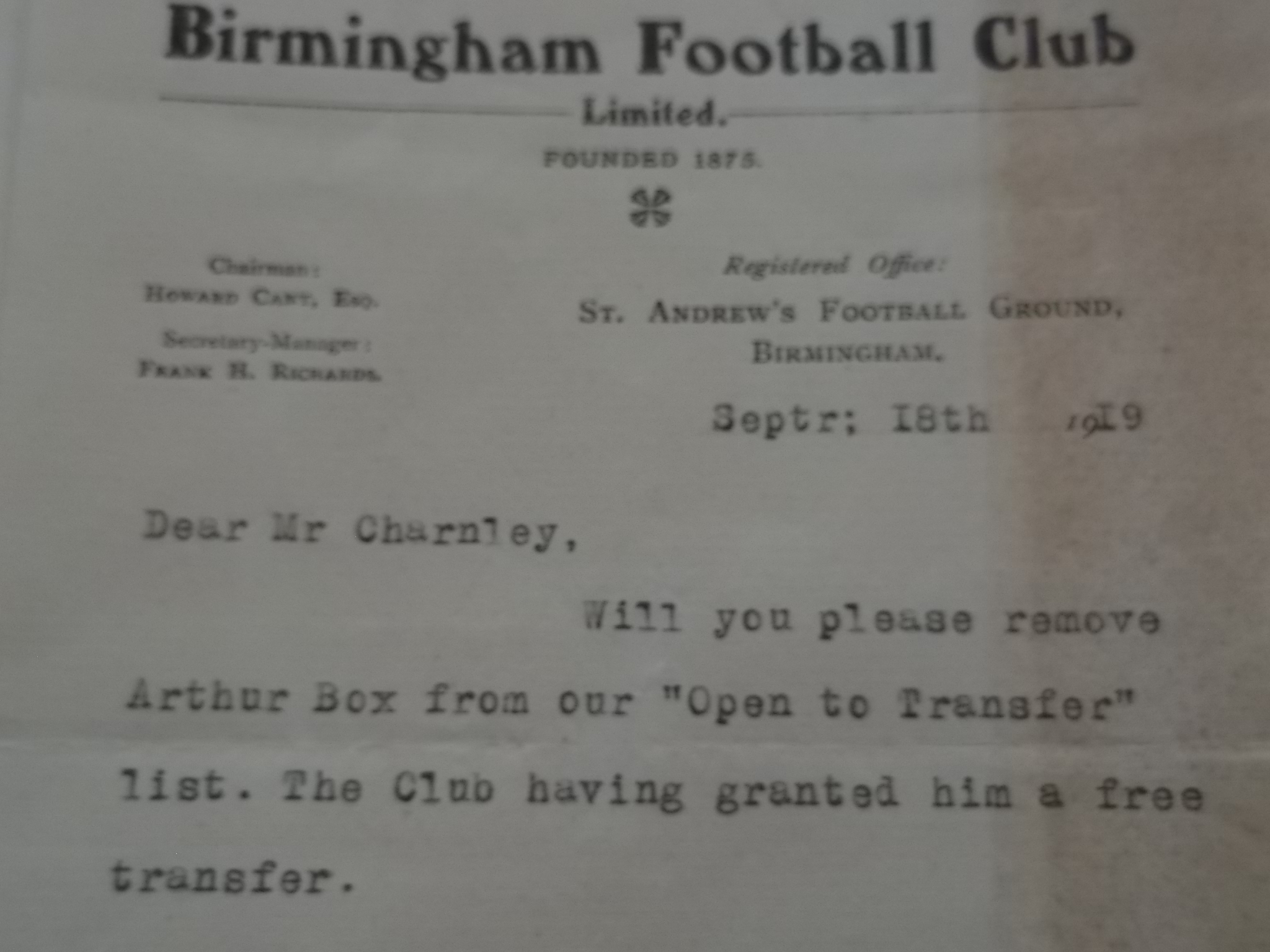 BIRMINGHAM FC ( BIRMINGHAM CITY ) OFFICIAL CLUB LETTER 1919 - Image 2 of 2