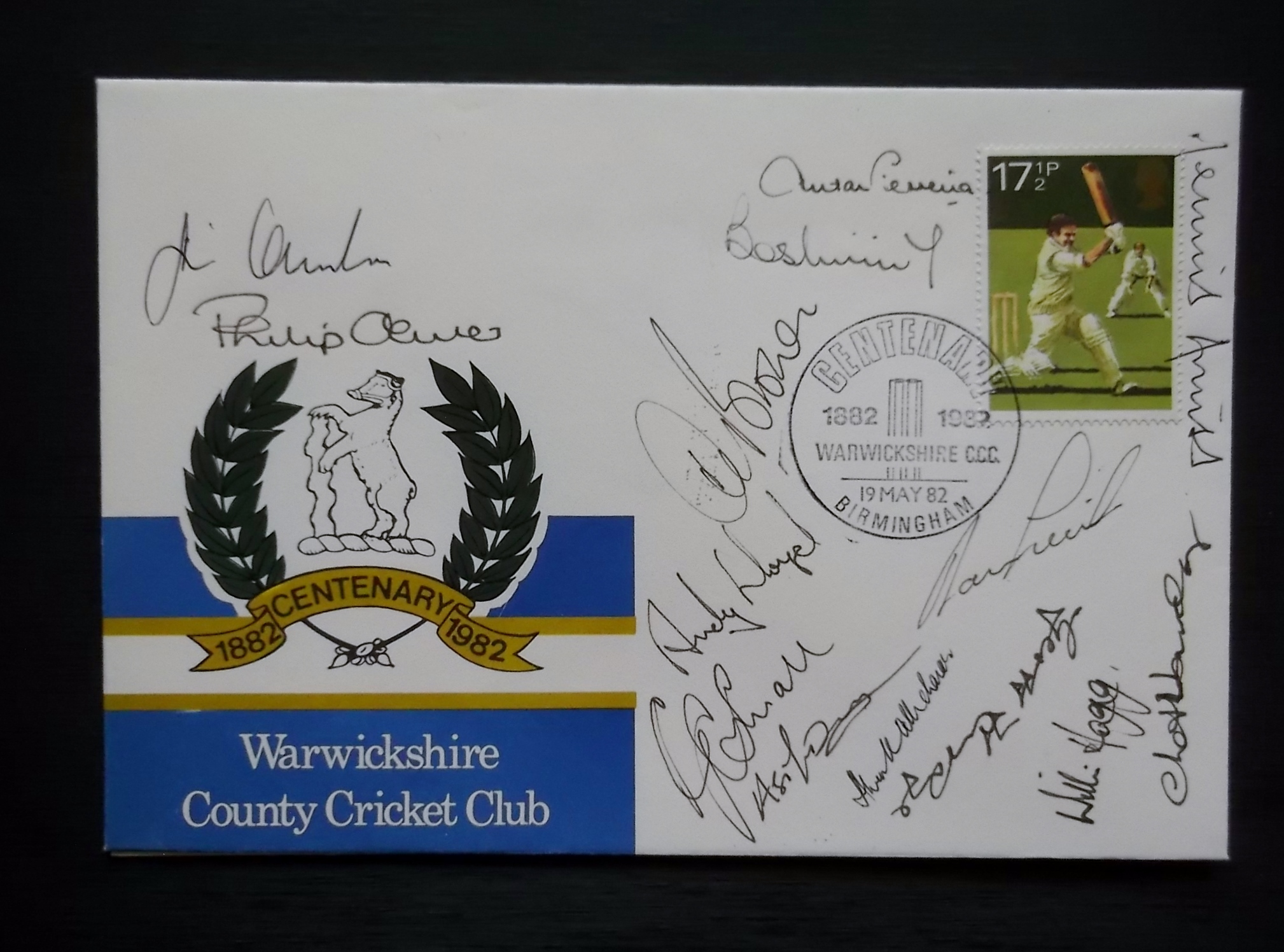 CRICKET - WARWICKSHIRE 1982 CENTENARY POSTAL COVER AUTOGRAPHED BY 14 PLAYERS