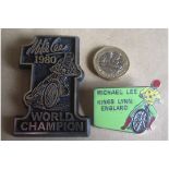 SPEEDWAY - MICHAEL LEE KINGS LYNN BADGES Description: World Champion badge is plastic.
