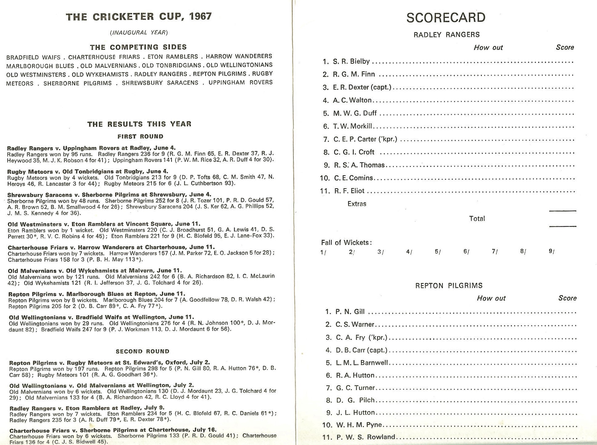 CRICKET - 1967 RADLEY RANGERS V REPTON PILGRIMS SCORECARD @ BURTON COURT CHELSEA - Image 2 of 2
