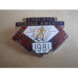 SPEEDWAY - 1981 ENGLAND V AMERICA TEST SERIES SILVER BADGE