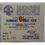 1947-48 G.RANGERS V EAST FIFE SCOTTISH CUP 4TH ROUND MATCH TICKET
