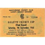 CRICKET - 1968 GILLETTE CUP FINAL SUSSEX V WARWICKSHIRE TICKET @ LORD'S