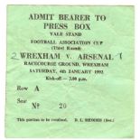 1991/92 F.A. CUP WREXHAM (FAMOUS VICTORY) V ARSENAL PRESS TICKET