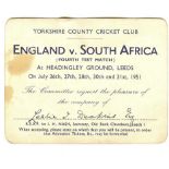 CRICKET - 1951 ENGLAND V SOUTH AFRICA @ HEADINGLEY TICKET