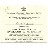 CRICKET - ENGLAND V WEST INDIES @ THE OVAL SURREY 1963 VIP TICKET