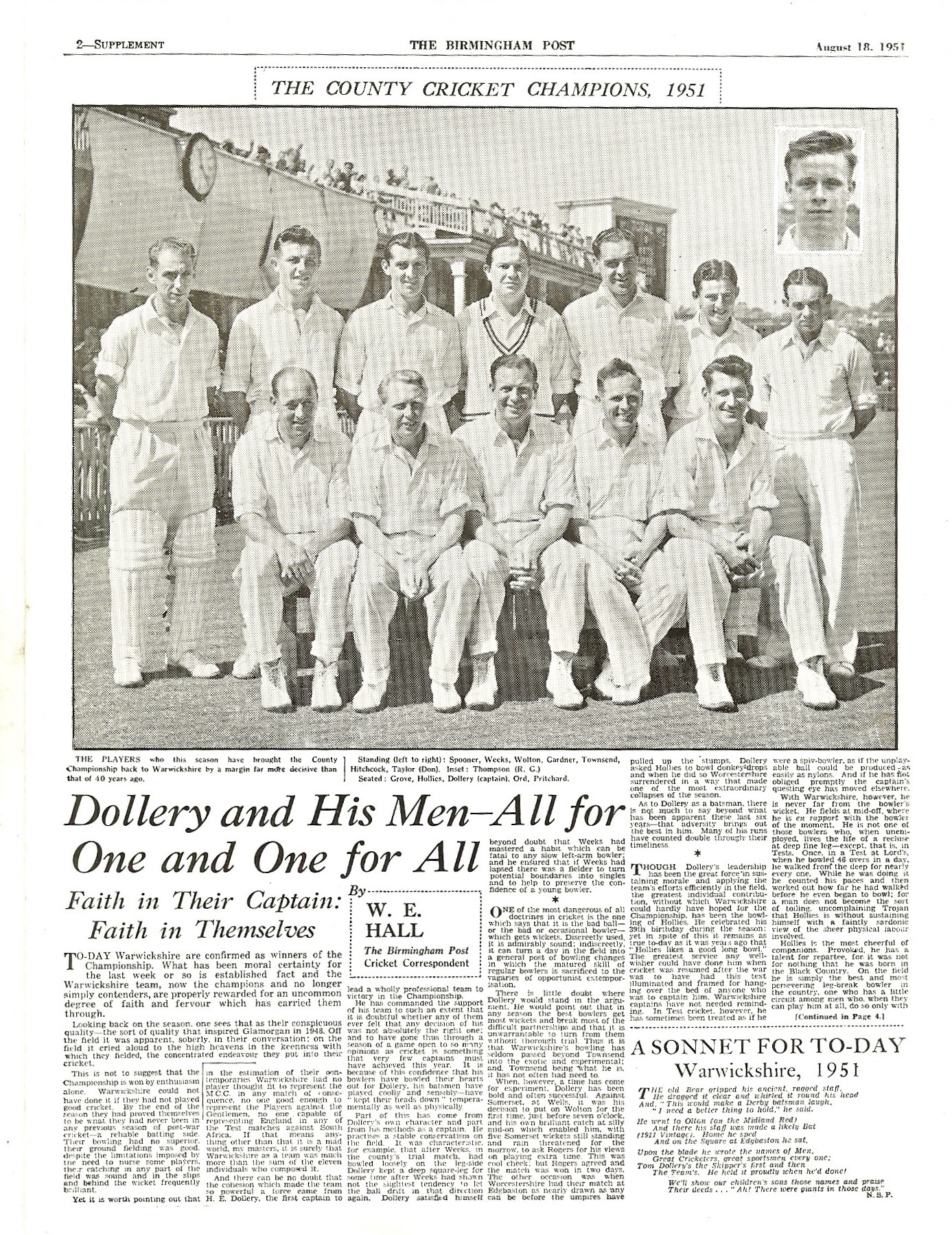 CRICKET - WARWICKSHIRE 1951 CHAMPIONS SOUVENIR - Image 2 of 2