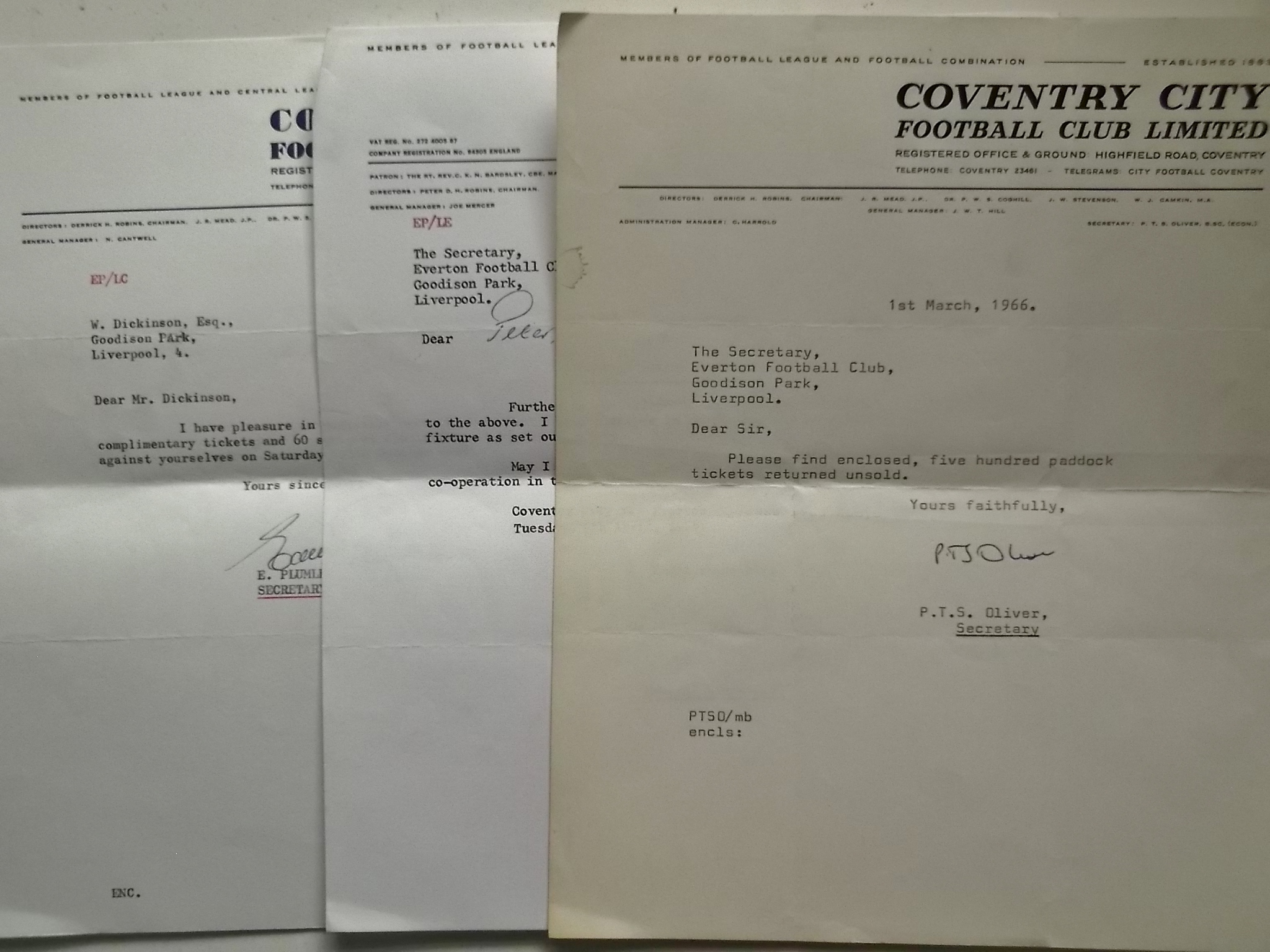 COVENTRY CITY & EVERTON - 3 OFFICIAL COVENTRY CITY LETTERS ALL TO EVERTON