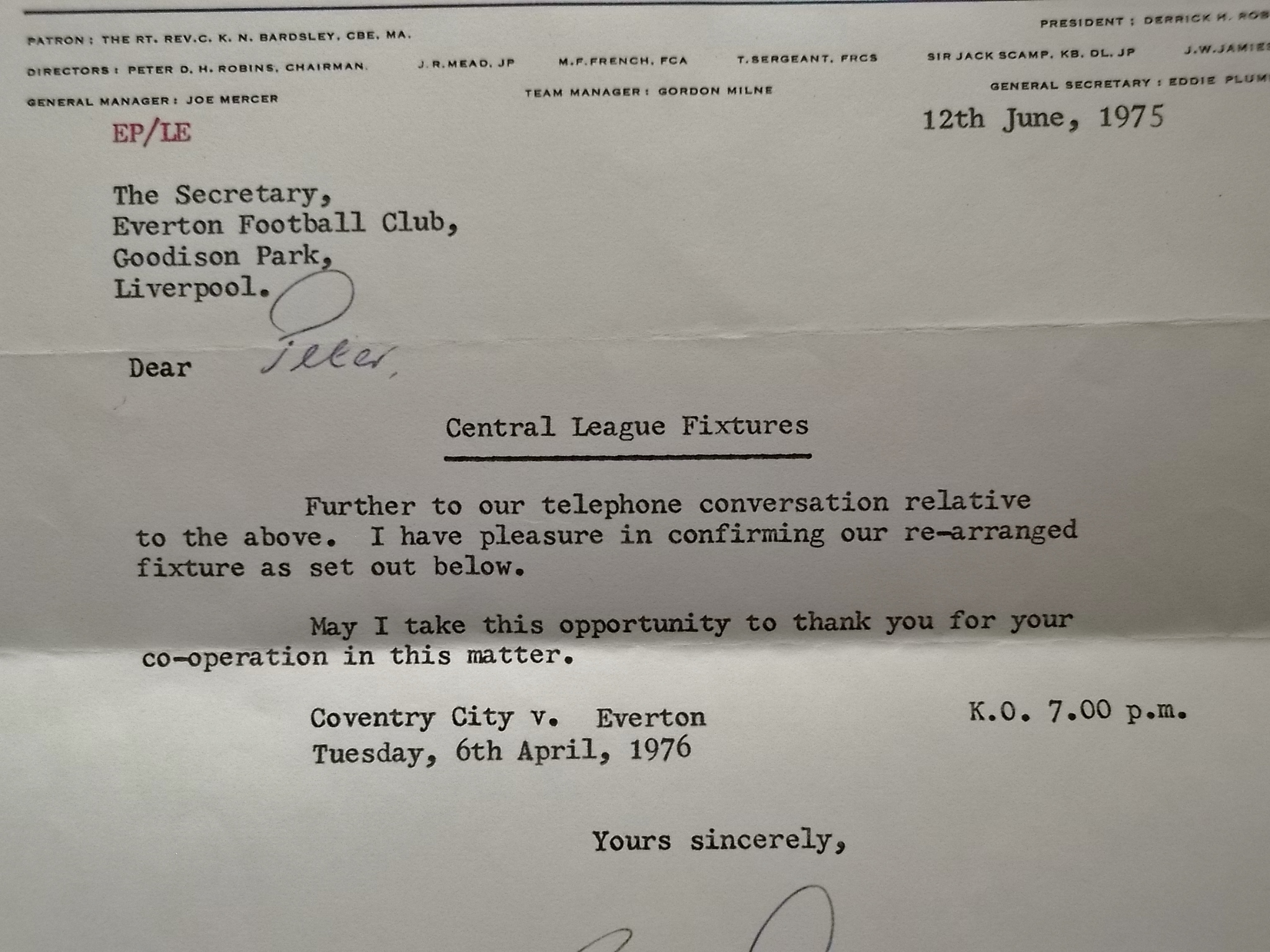 COVENTRY CITY & EVERTON - 3 OFFICIAL COVENTRY CITY LETTERS ALL TO EVERTON - Image 3 of 4