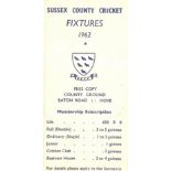 CRICKET - SUSSEX 1962 FIXTURE LIST