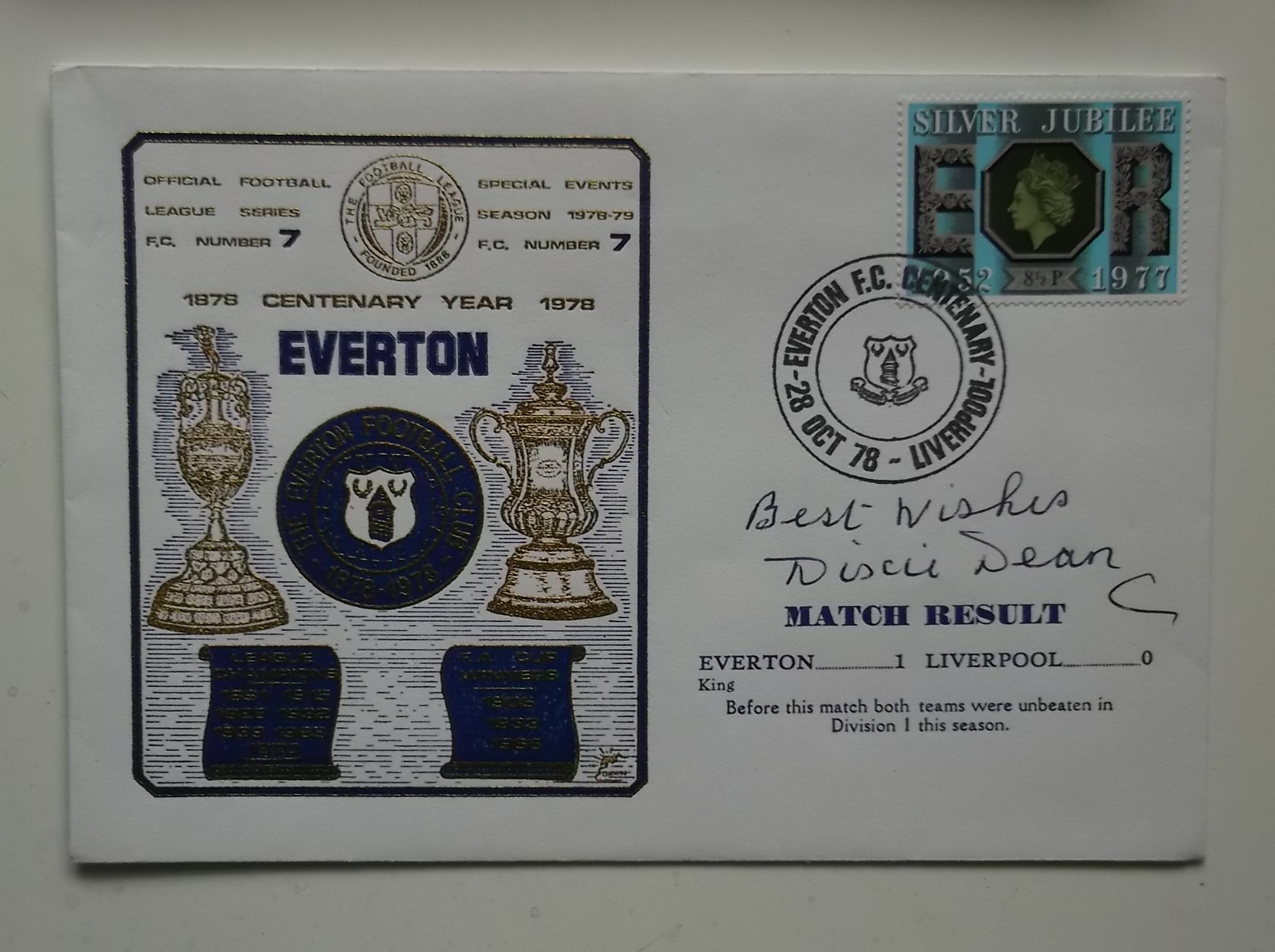 EVERTON 1978 CENTENARY LIMITED EDITION POSTAL COVER SIGNED BY DIXIE DEAN