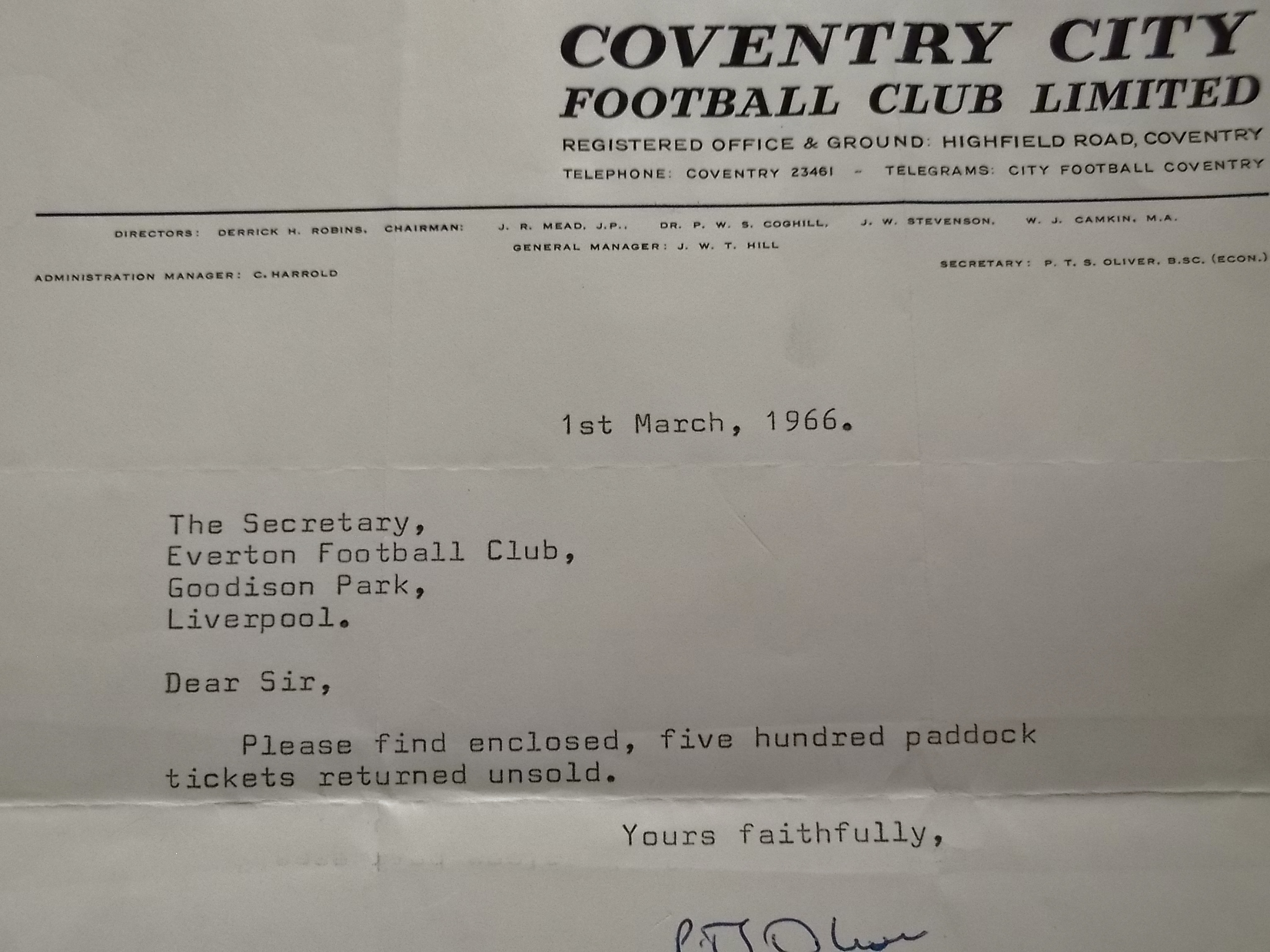 COVENTRY CITY & EVERTON - 3 OFFICIAL COVENTRY CITY LETTERS ALL TO EVERTON - Image 2 of 4