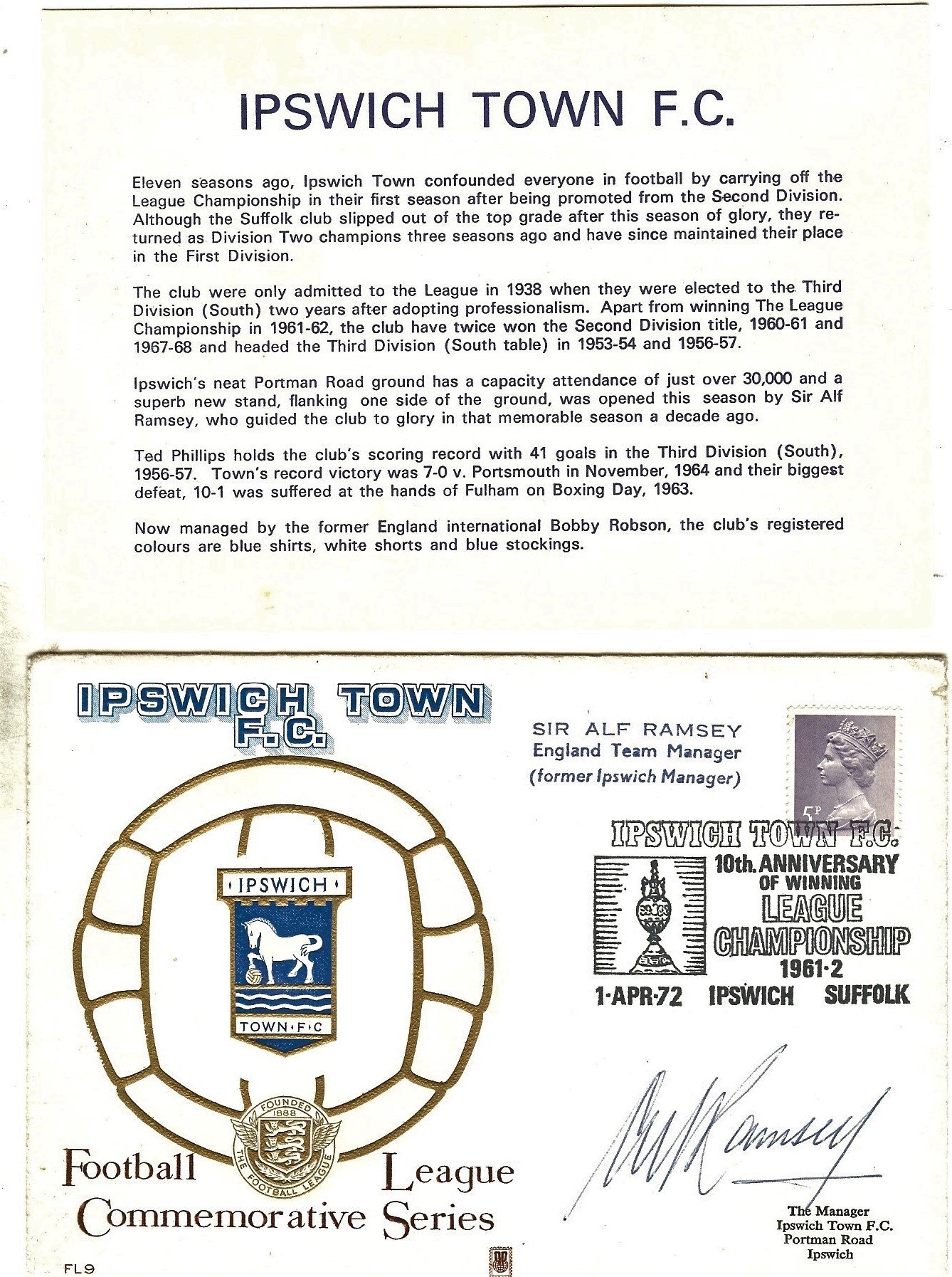 IPSWICH FDC 10TH ANNIVERSARY LEAGUE CHAMPIONS SIGNED BY ALF RAMSEY