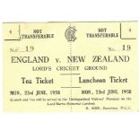 CRICKET - ENGLAND V NEW ZEALAND @ LORD'S 1958 VIP LUNCHEON & TEA TICKET