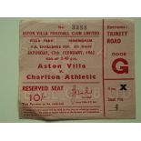 1961-62 ASTON VILLA V CHARLTON FA CUP 5TH ROUND TICKET