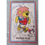 1966 WORLD CUP WILLIE MULTI SIGNED OFFICIAL POSTCARD