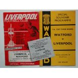 1970 WATFORD V LIVERPOOL FA CUP PROGRAMME & TICKET + REPLAY PROGRAMME