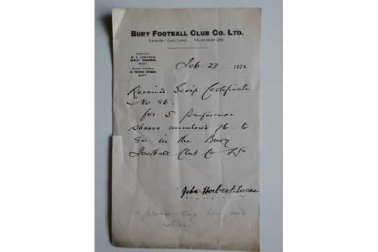 BURY - ORIGINAL LETTER FROM 1922