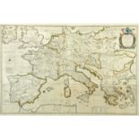 An antiquarian map by Petro Bertio "Imperii Caroli Magni et Vicinarum", 65 cm x 98 cm, framed.