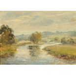 Marion Roope, "River Bend Near Cockermouth", signed, oil on board. 19.5 cm x 27 cm.