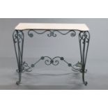 Wrought iron and marble topped console table,