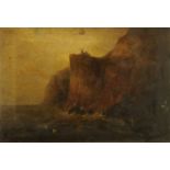 19th Century School, coastal scene with high cliffs and castle ruin, unsigned, oil on canvas,