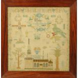 A George I sampler on linen, 1721 alphabet, birds, crucifix and St. Nicola Y. Kirke. 31.5 cm x 30.