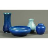 A Royal Lancastrian blue bowl, vase, ginger jar and pale blue vase. Bowl diameter 26.