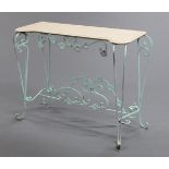 A wrought iron and marble topped inverted breakfront console table.