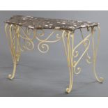 A wrought iron and marble topped serpentine console table. Width 145 cm, depth 56 cm, height 84 cm.