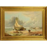 Claude Richardson, coastal scene with figures on a beach and fishing vessels,