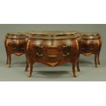 A Louis XV style marble topped commode and pair of cabinets to match, walnut and kingwood banded,