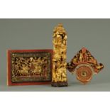 Three Chinese giltwood carved items, panel Totemic carving and carving with hardstone seal beneath.