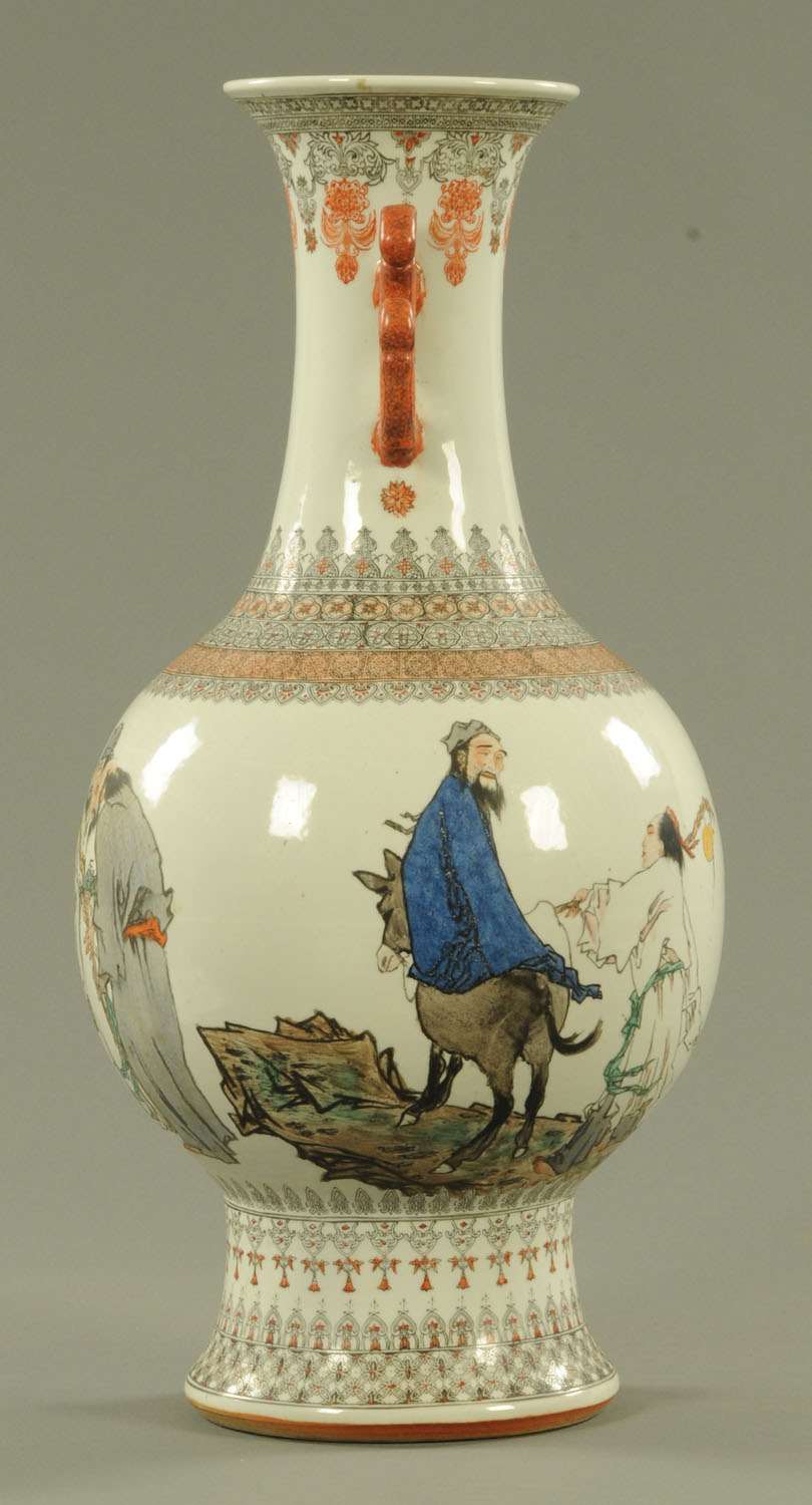 A Chinese porcelain vase, 20th century, with transfer printed decoration heightened with enamels,