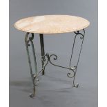 A wrought iron and marble topped circular table, raised on three legs. Width 96 cm.