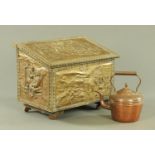A brass slope front coal box, embossed in relief with tavern scenes, and a Victorian copper kettle.