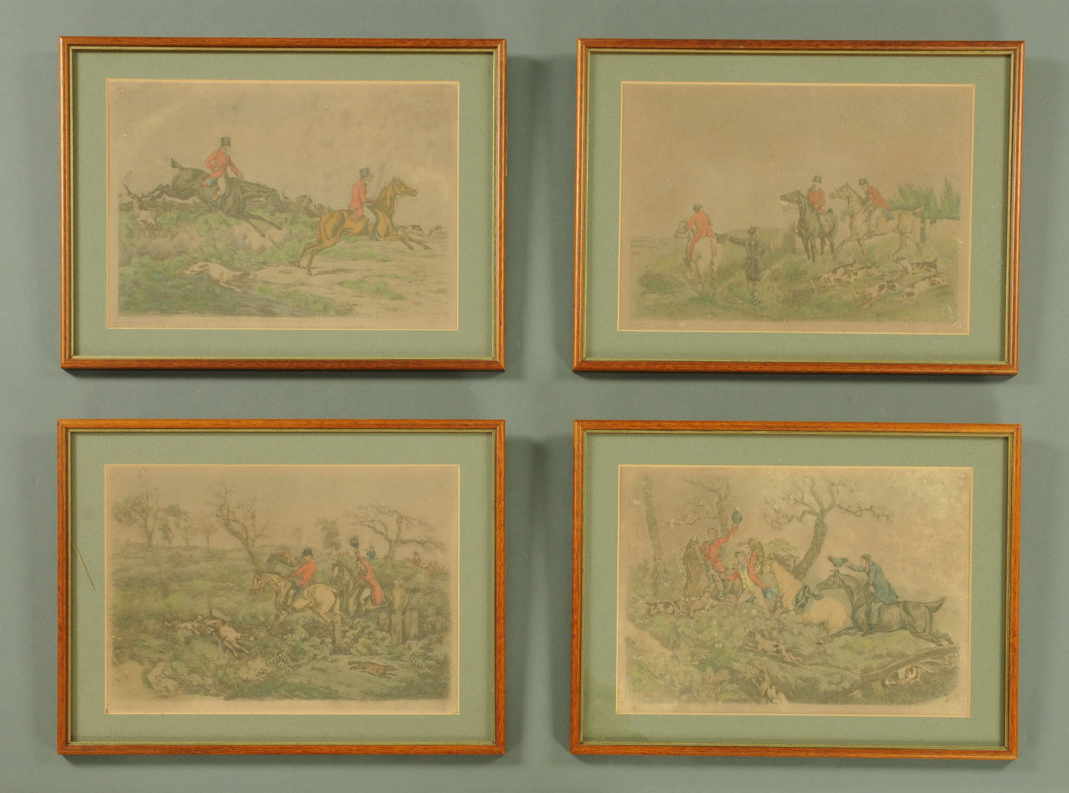 Four antiquarian hunting prints, each 24 cm x 34 cm, framed and indistinctly signed in pencil. - Image 2 of 2