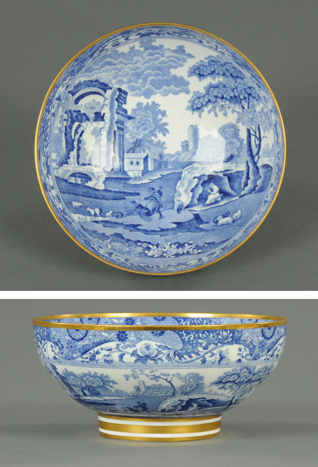 A Copeland Spodes Italian blue and white transfer printed bowl, with gilt rim and foot.