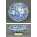 A Copeland Spodes Italian blue and white transfer printed bowl, with gilt rim and foot.