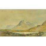 Ron Green, watercolour, lake and mountain scene, 28 cm x 46 cm, framed, signed.