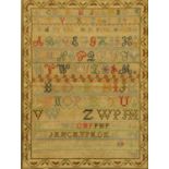 A 19th century sampler, 1880, principally alphabet, Jessie Paterson. 52 cm x 39 cm.