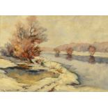 Willie Hermann (German), oil on canvas winter landscape and river, 47 cm x 67 cm, framed, signed.