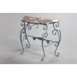 A wrought iron and marble topped hall table,