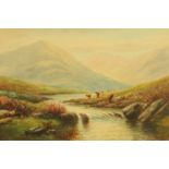 Milton Drinkwater, watercolour, river scene with Highland cattle. 30 cm x 45 cm, framed, signed.