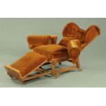 A 19th century metamorphic armchair, deep buttoned with rollover arms,