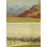 Doyley Jones, two watercolours, shepherd and sheep in landscape and companion, each 15 cm x 22 cm,