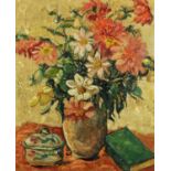 Mary Ethel Hunter (1878-1936), oil on board, still life of flowers in vase, lidded pot and book.